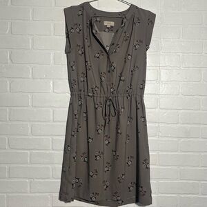 LOFT Womens Dress Taupe Gray Floral Tunic Drawstring Waist Bohemian Small